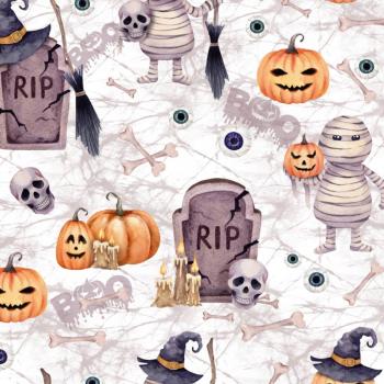 Baumwoll Druck Halloween Kürbisse und Mumien auf Weiß